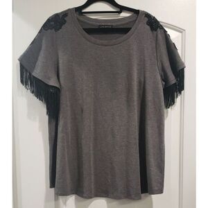 Lane Bryant Sz14/16 Gray Top Shirt Stretch Fringe Sleeves Lace Applique Shoulder